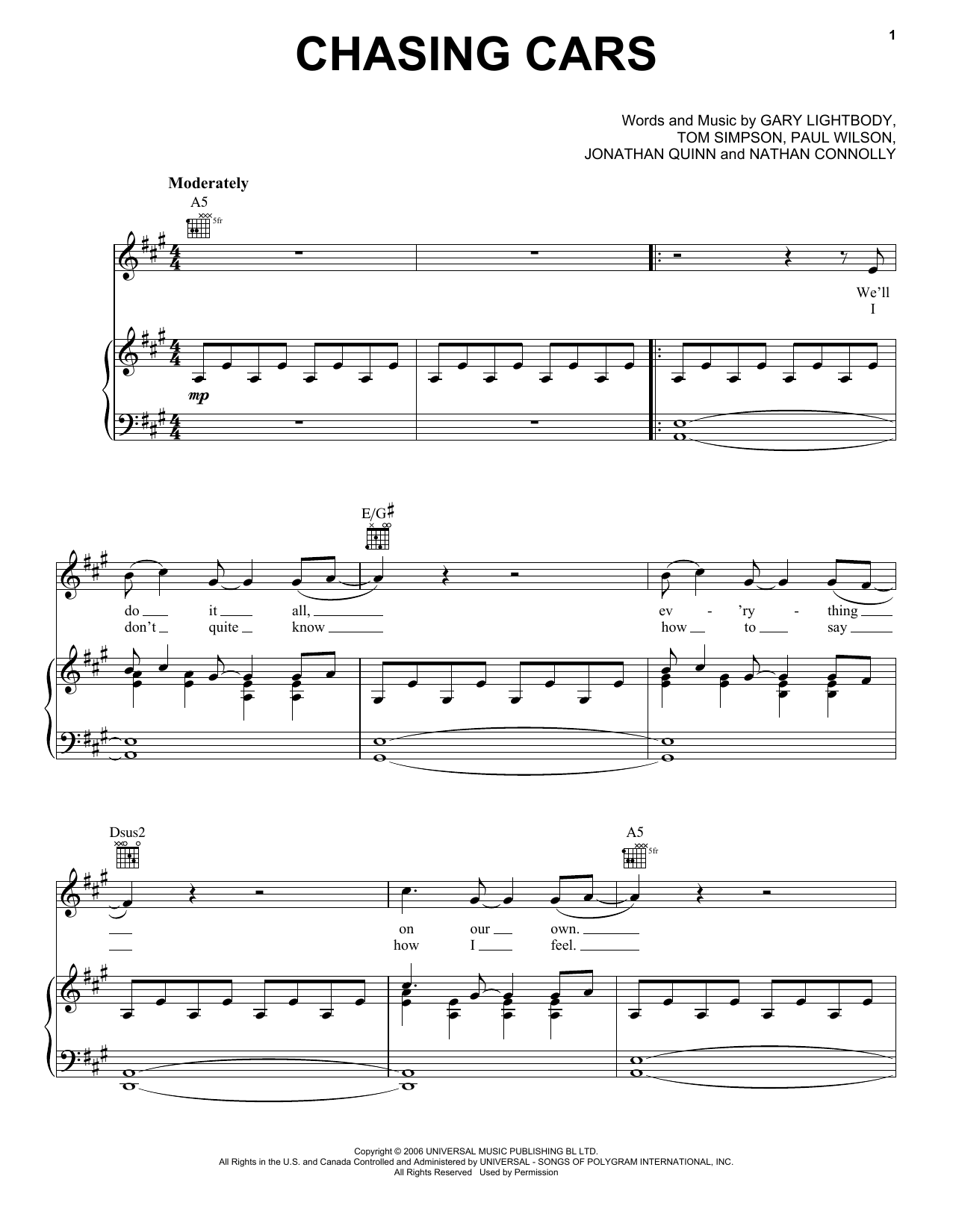 Snow Patrol Chasing Cars sheet music notes and chords. Download Printable PDF.