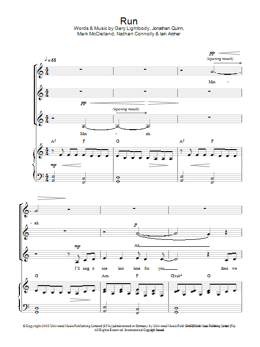 Snow Patrol Run (arr. Jeremy Birchall) sheet music notes and chords. Download Printable PDF.