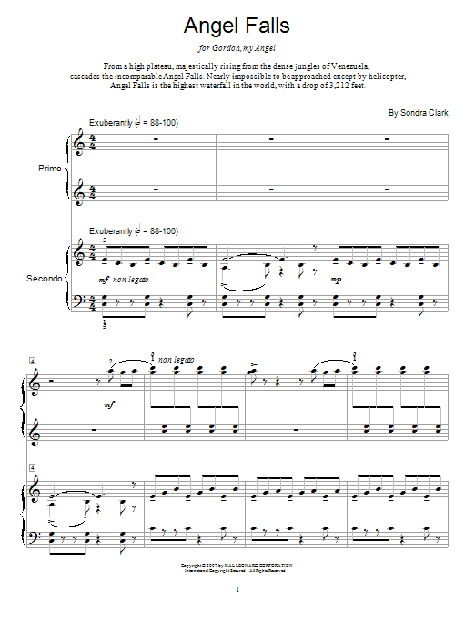 Learn to play Sondra Clark Angel Falls sheet music for Piano Duet in minutes. Price: 7.8900$ Sondra Clark Angel Falls sheet music notes and chords arranged for Piano Duet