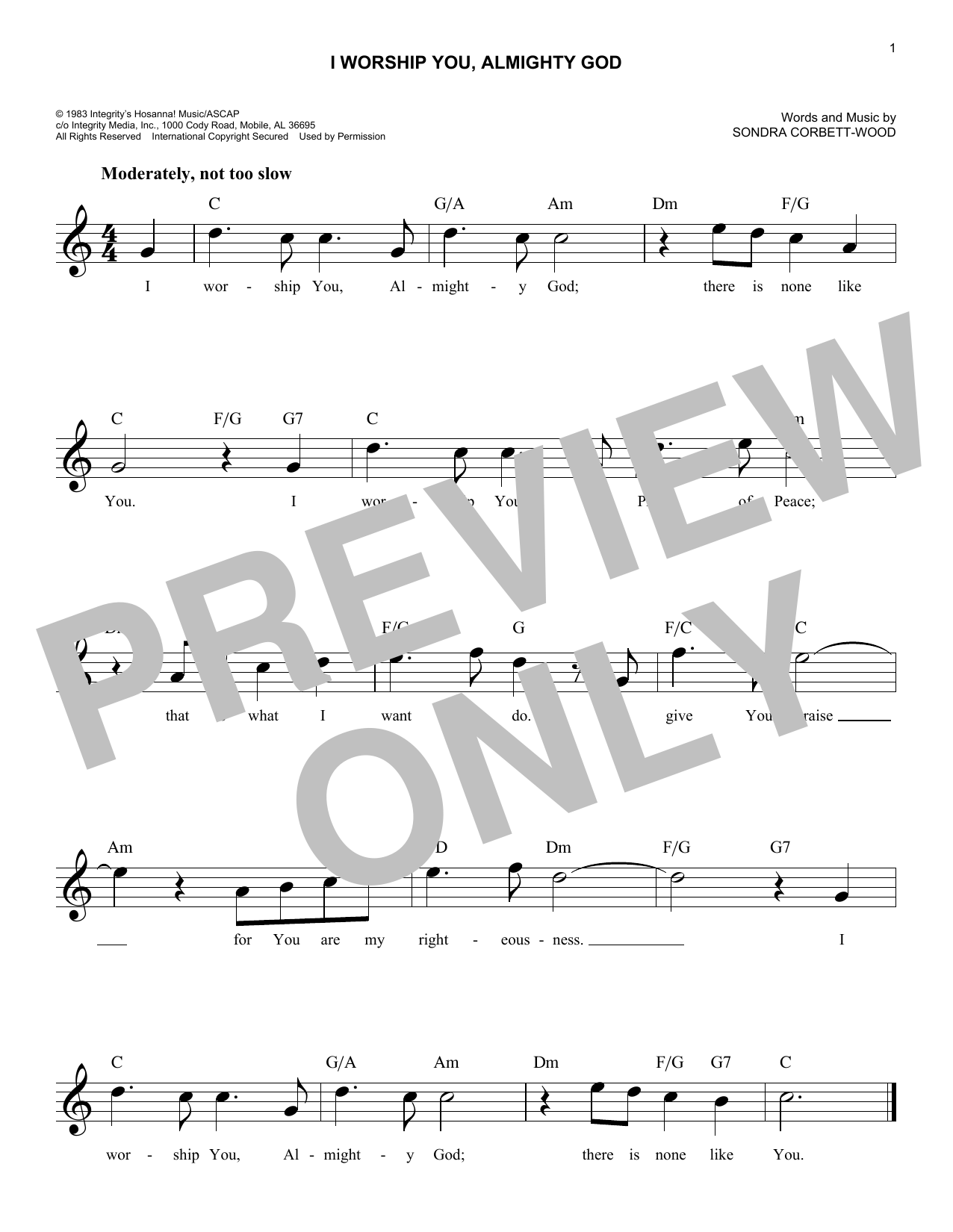 Sondra Corbett-Wood I Worship You, Almighty God sheet music notes and chords. Download Printable PDF.