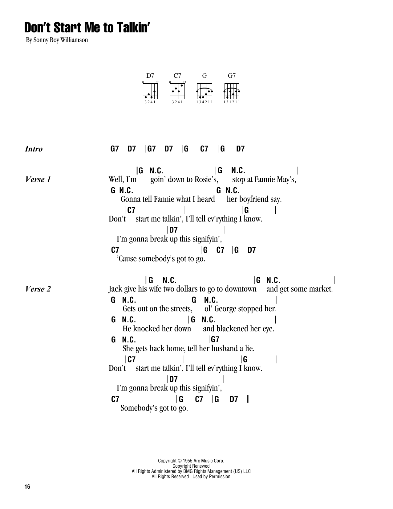 Sonny Boy Williamson Don't Start Me To Talkin' sheet music notes and chords. Download Printable PDF.