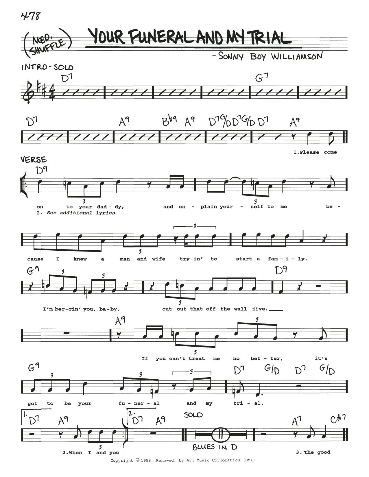 Sonny Boy Williamson Your Funeral And My Trial sheet music notes and chords. Download Printable PDF.