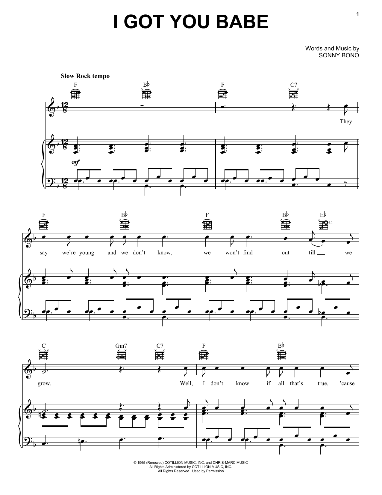 Sonny & Cher I Got You Babe sheet music notes and chords. Download Printable PDF.