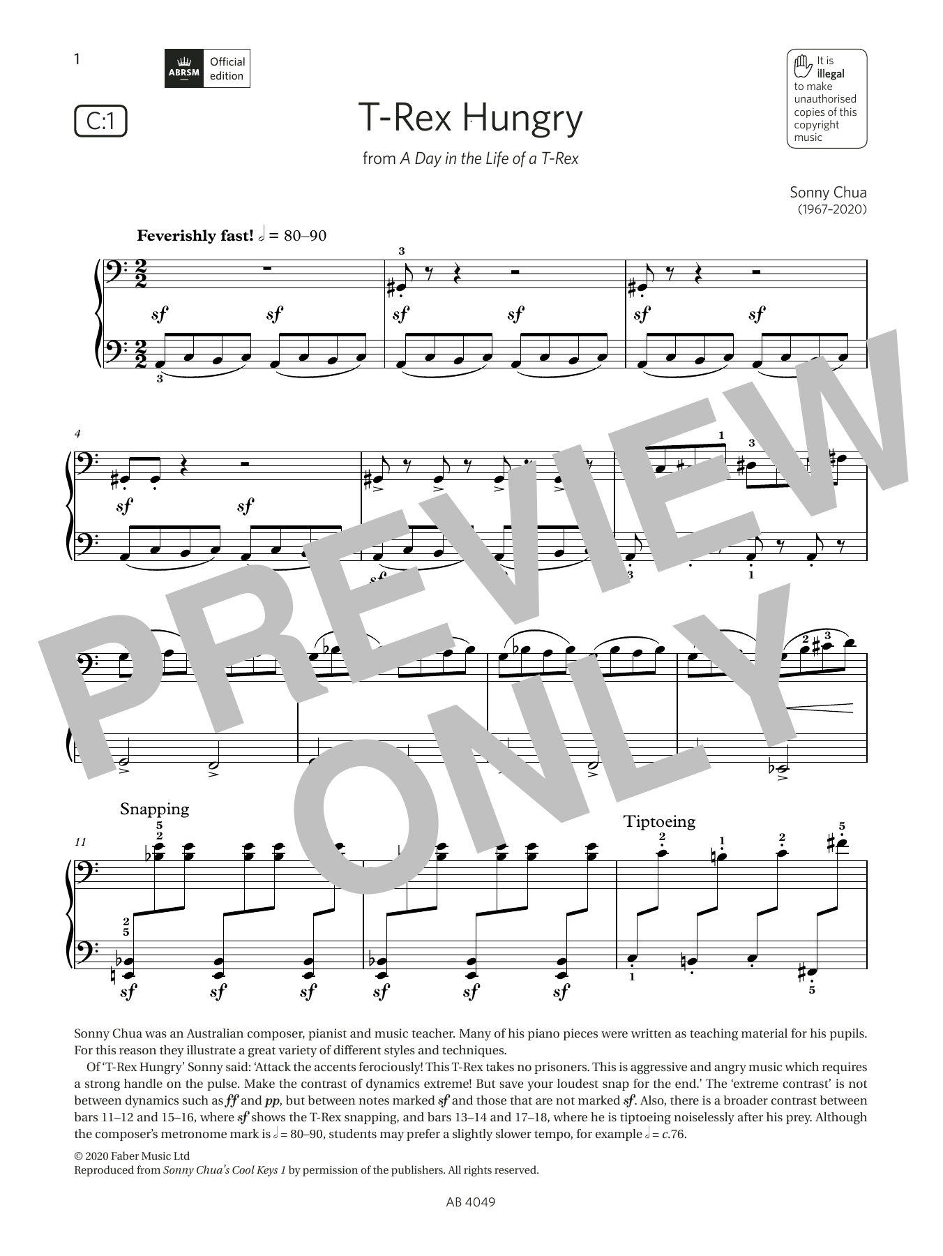 Sonny Chua T-Rex Hungry (Grade 3, list C1, from the ABRSM Piano Syllabus 2023 & 2024) sheet music notes and chords. Download Printable PDF.