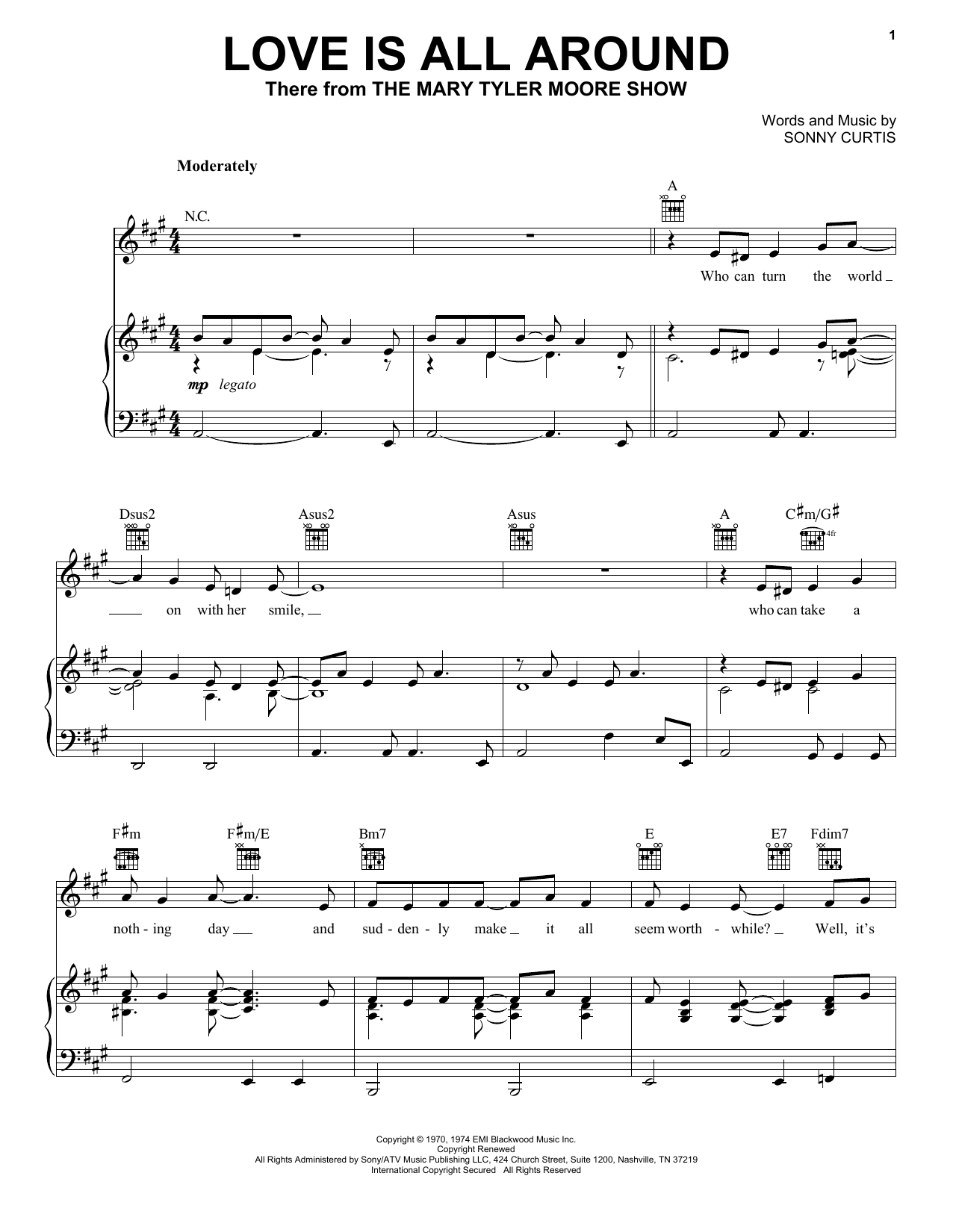 Sonny Curtis Love Is All Around (Theme from The Mary Tyler Moore Show) sheet music notes and chords. Download Printable PDF.