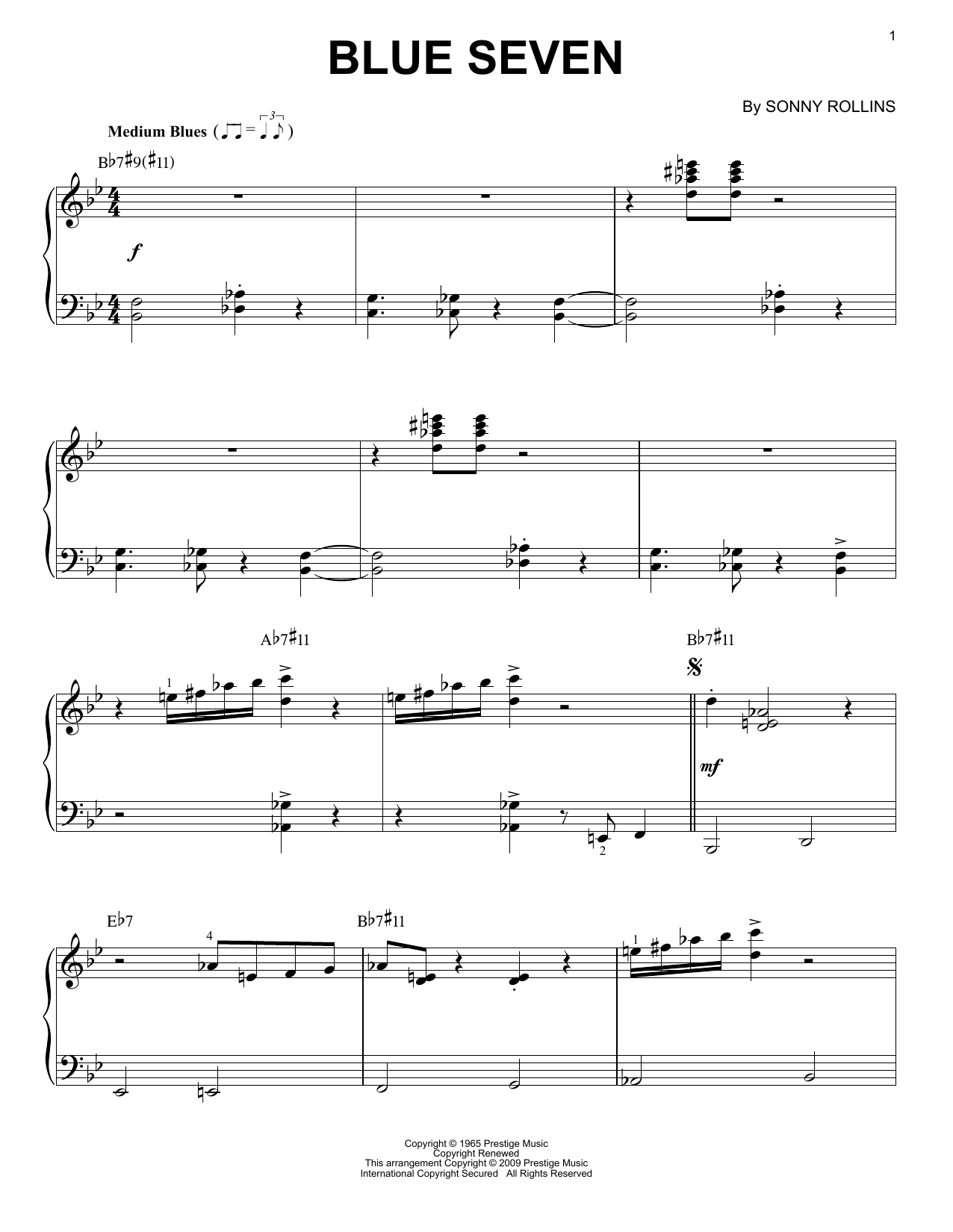 Sonny Rollins Blue Seven [Jazz version] sheet music notes and chords. Download Printable PDF.