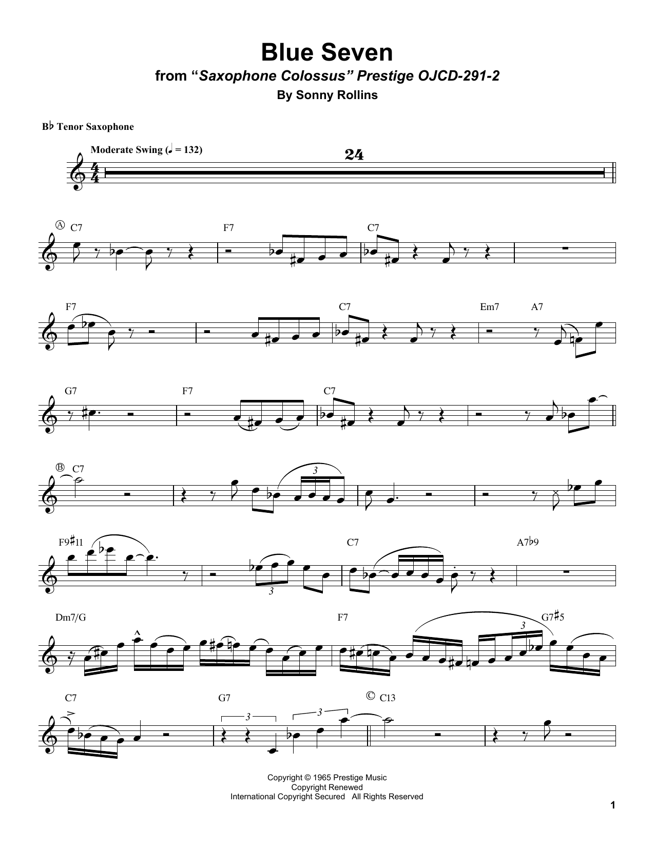 Sonny Rollins Blue Seven sheet music notes and chords. Download Printable PDF.