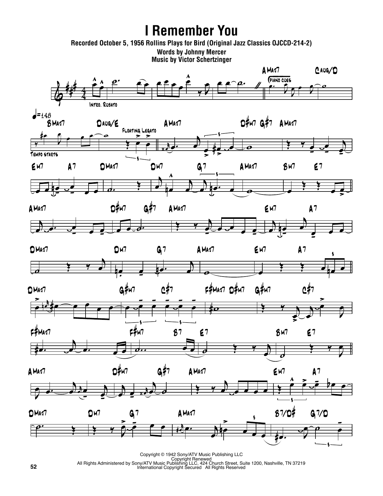 Learn to play Sonny Rollins I Remember You sheet music for Tenor Sax Transcription in minutes. Price: 6.9900$ Sonny Rollins I Remember You sheet music notes and chords arranged for Tenor Sax Transcription