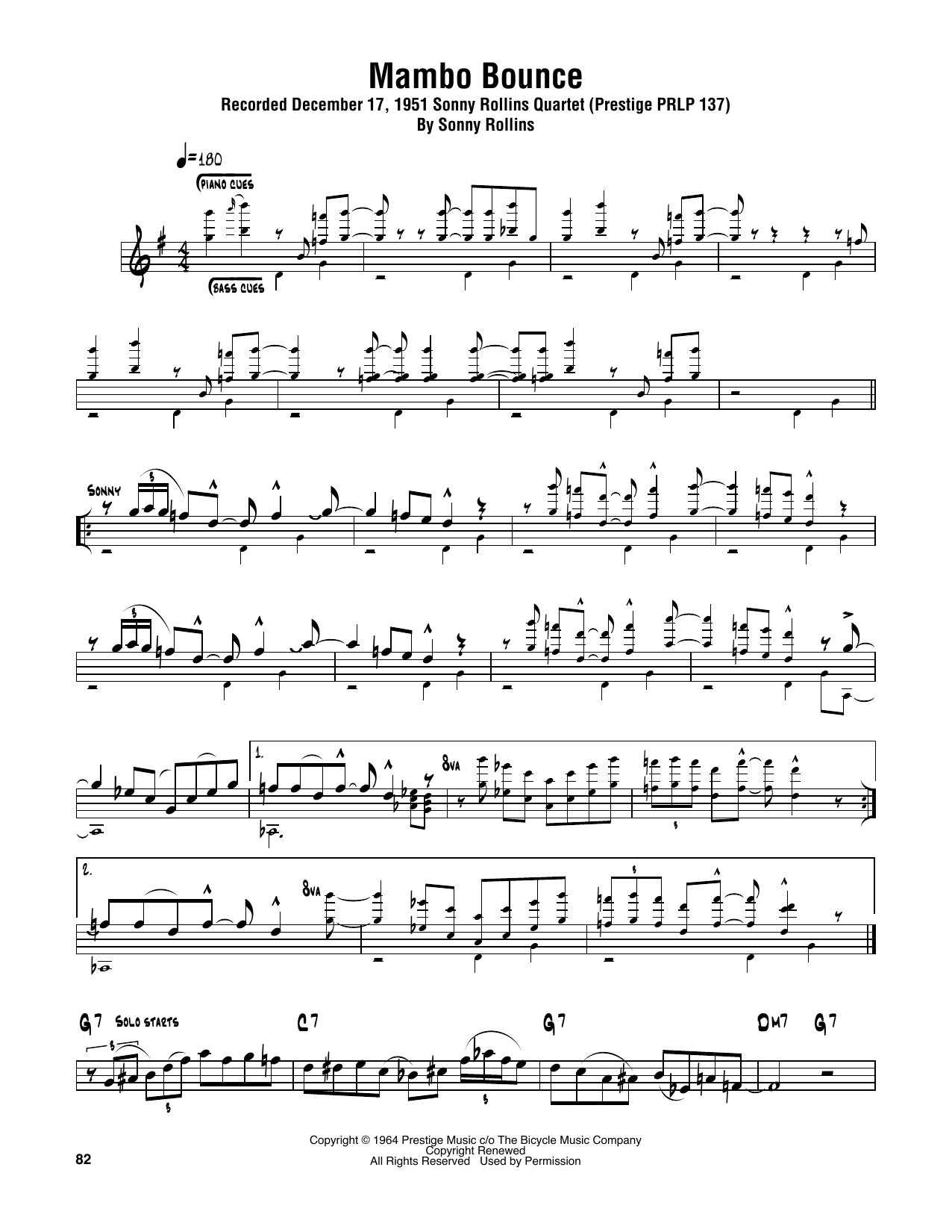 Sonny Rollins Mambo Bounce sheet music notes and chords. Download Printable PDF.