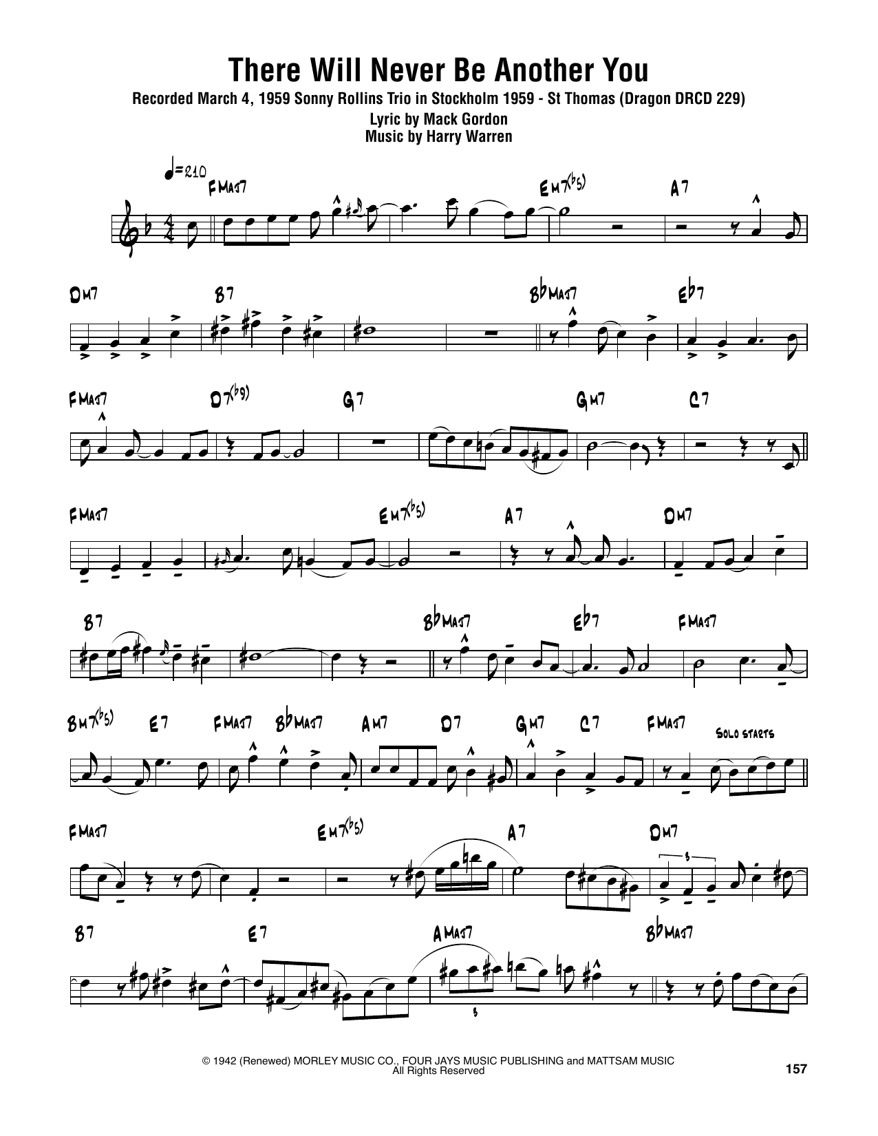 Sonny Rollins There Will Never Be Another You sheet music notes and chords. Download Printable PDF.