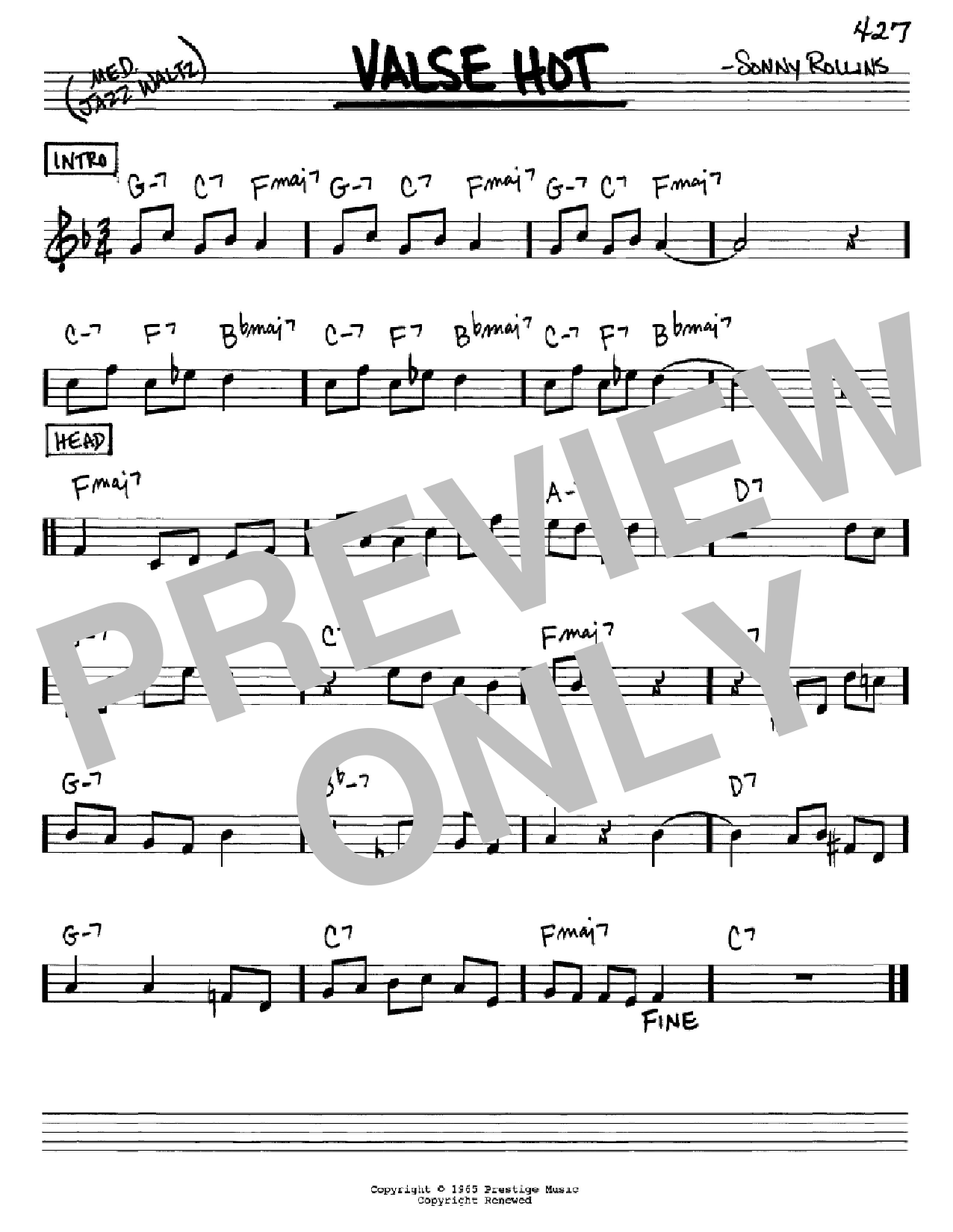 Sonny Rollins Valse Hot sheet music notes and chords arranged for Real Book – Melody & Chords – Bass Clef Instruments