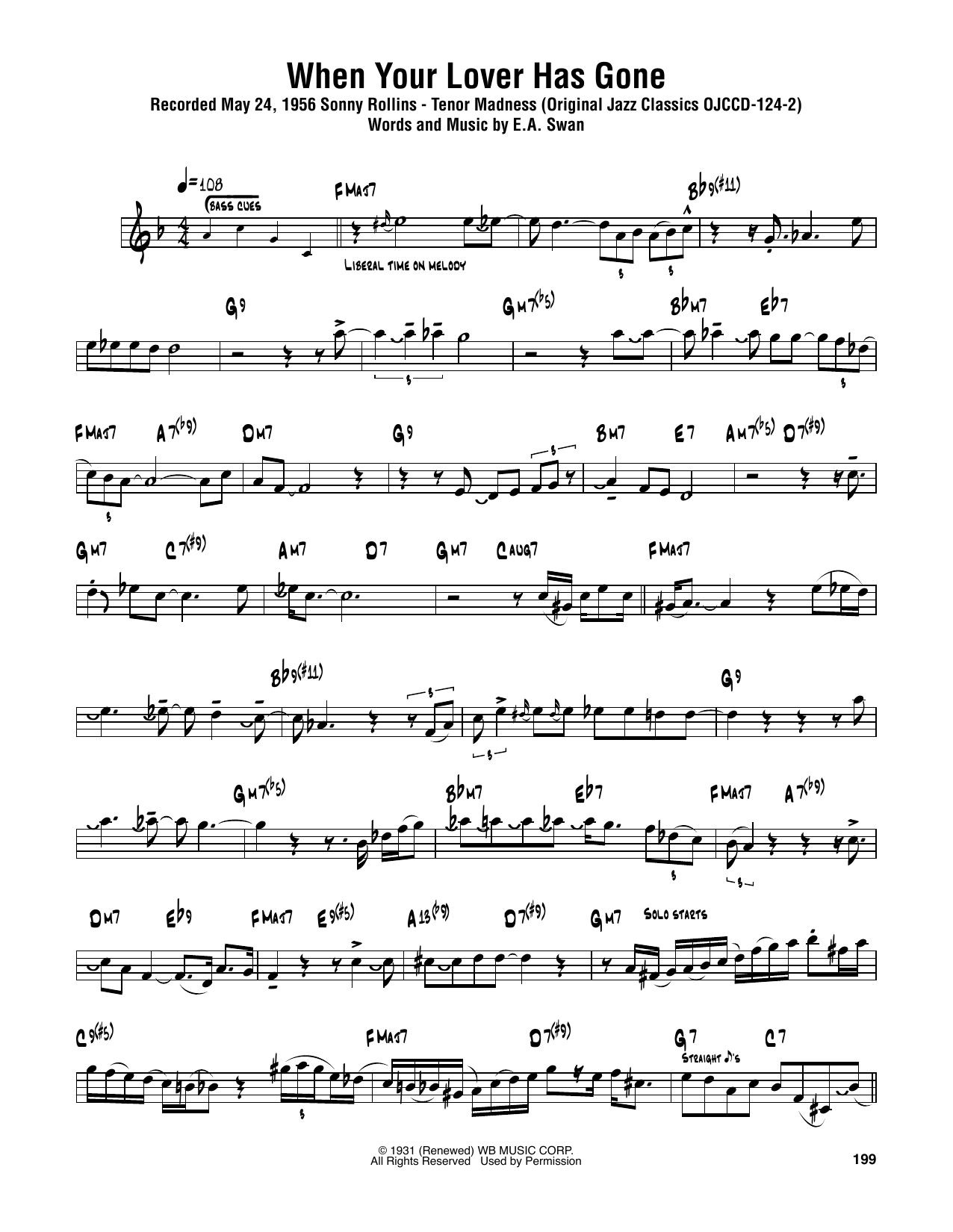 Learn to play Sonny Rollins When Your Lover Has Gone sheet music for Tenor Sax Transcription in minutes. Price: 6.9900$ Sonny Rollins When Your Lover Has Gone sheet music notes and chords arranged for Tenor Sax Transcription