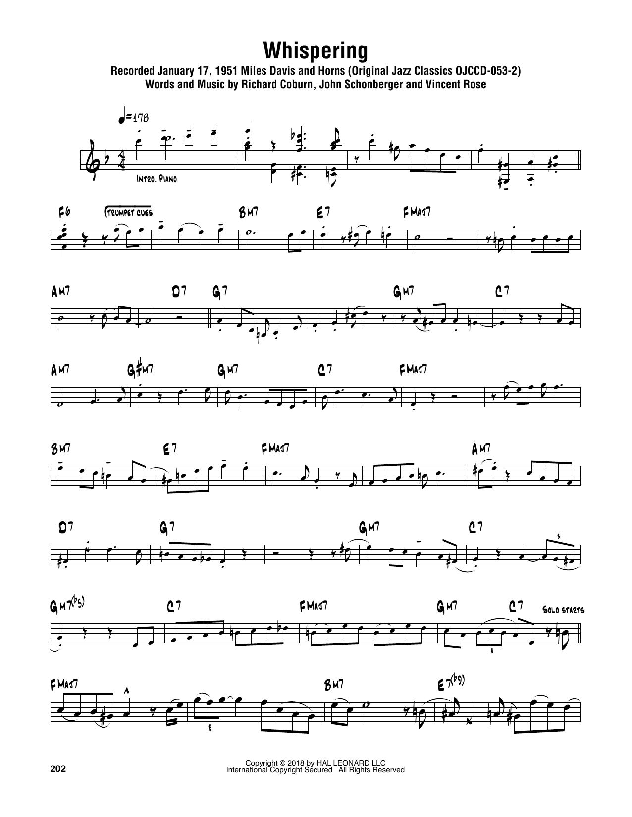 Learn to play Sonny Rollins Whispering sheet music for Tenor Sax Transcription in minutes. Price: 6.9900$ Sonny Rollins Whispering sheet music notes and chords arranged for Tenor Sax Transcription