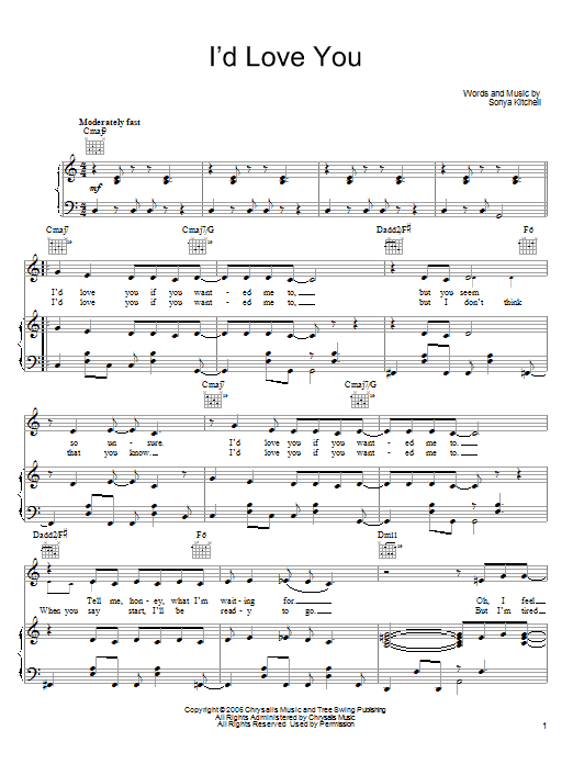 Learn to play Sonya Kitchell I'd Love You sheet music for Piano, Vocal & Guitar Chords (Right-Hand Melody) in minutes. Price: 7.8900$ Sonya Kitchell I'd Love You sheet music notes and chords arranged for Piano, Vocal & Guitar Chords (Right-Hand Melody)