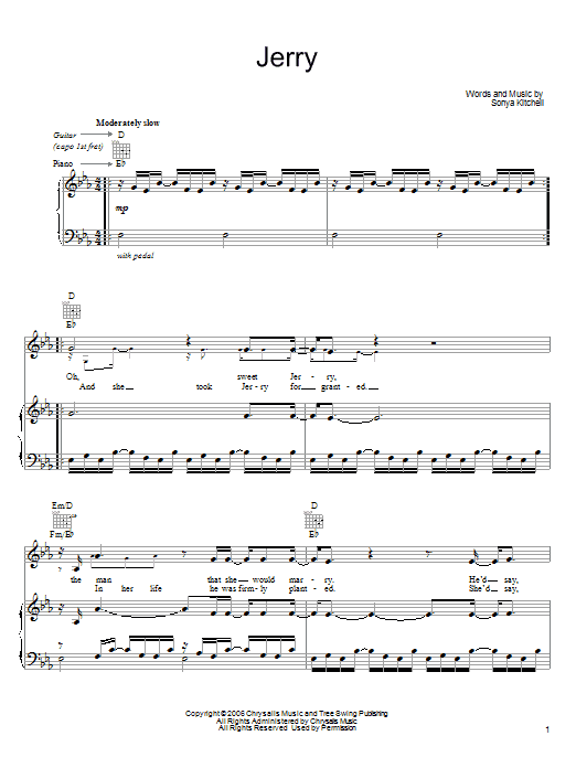 Learn to play Sonya Kitchell Jerry sheet music for Piano, Vocal & Guitar Chords (Right-Hand Melody) in minutes. Price: 7.8900$ Sonya Kitchell Jerry sheet music notes and chords arranged for Piano, Vocal & Guitar Chords (Right-Hand Melody)