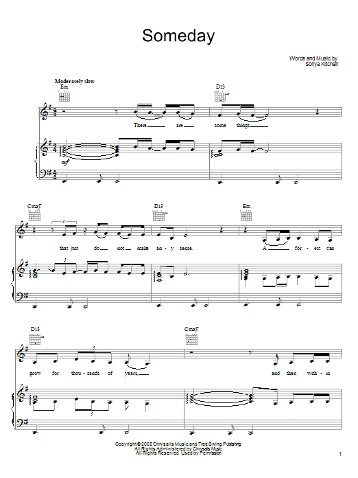 Learn to play Sonya Kitchell Someday sheet music for Piano, Vocal & Guitar Chords (Right-Hand Melody) in minutes. Price: 7.8900$ Sonya Kitchell Someday sheet music notes and chords arranged for Piano, Vocal & Guitar Chords (Right-Hand Melody)