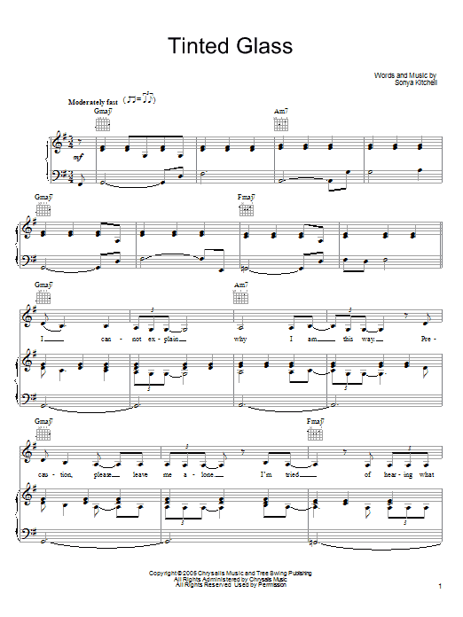 Learn to play Sonya Kitchell Tinted Glass sheet music for Piano, Vocal & Guitar Chords (Right-Hand Melody) in minutes. Price: 7.8900$ Sonya Kitchell Tinted Glass sheet music notes and chords arranged for Piano, Vocal & Guitar Chords (Right-Hand Melody)