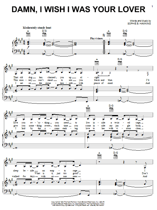 Learn to play Sophie B. Hawkins Damn, I Wish I Was Your Lover sheet music for Piano, Vocal & Guitar Chords (Right-Hand Melody) in minutes. Price: 7.8900$ Sophie B. Hawkins Damn, I Wish I Was Your Lover sheet music notes and chords arranged for Piano, Vocal & Guitar Chords (Right-Hand Melody)