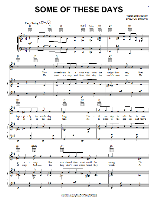 Learn to play Sophie Tucker Some Of These Days sheet music for Piano, Vocal & Guitar Chords (Right-Hand Melody) in minutes. Price: 7.8900$ Sophie Tucker Some Of These Days sheet music notes and chords arranged for Piano, Vocal & Guitar Chords (Right-Hand Melody)