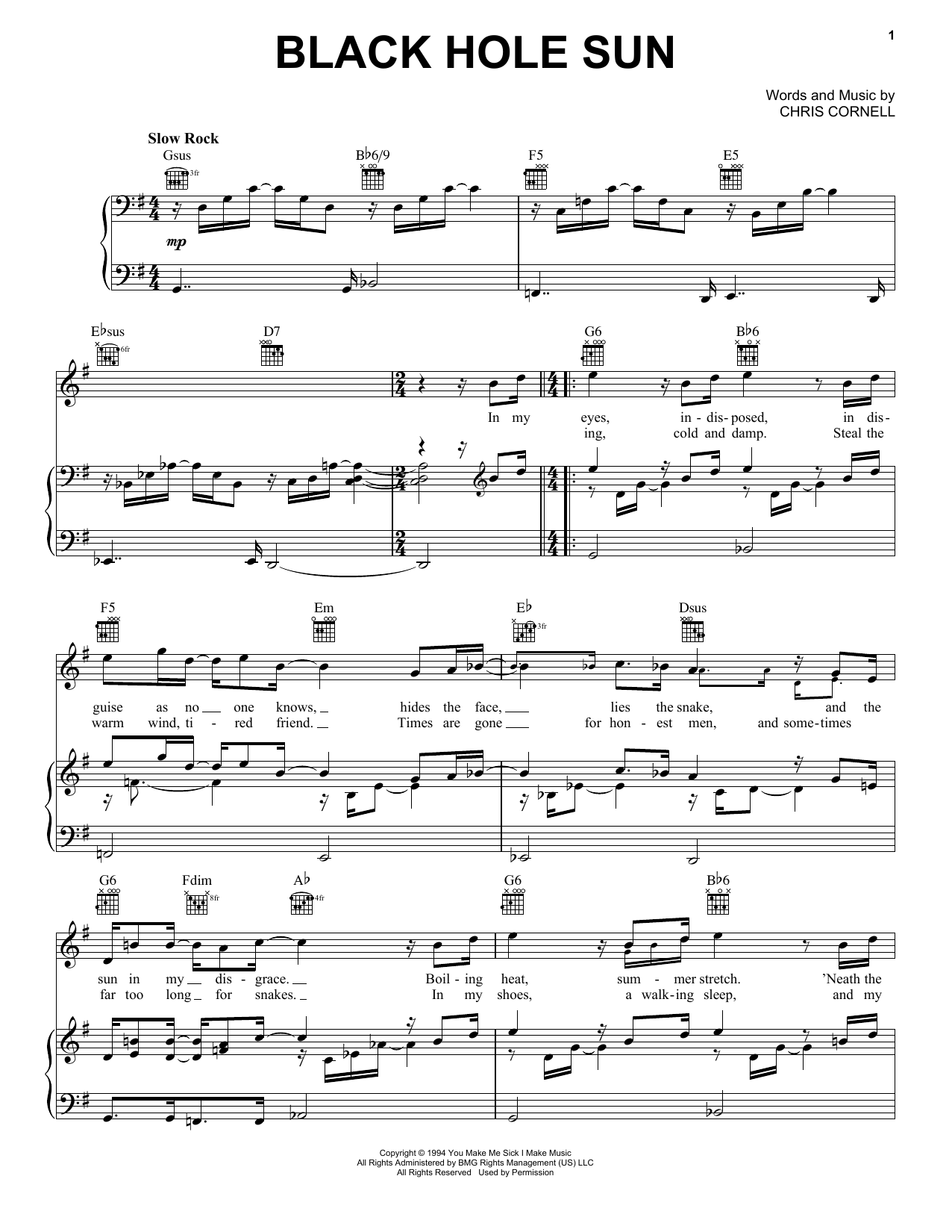 Soundgarden Black Hole Sun sheet music notes and chords. Download Printable PDF.