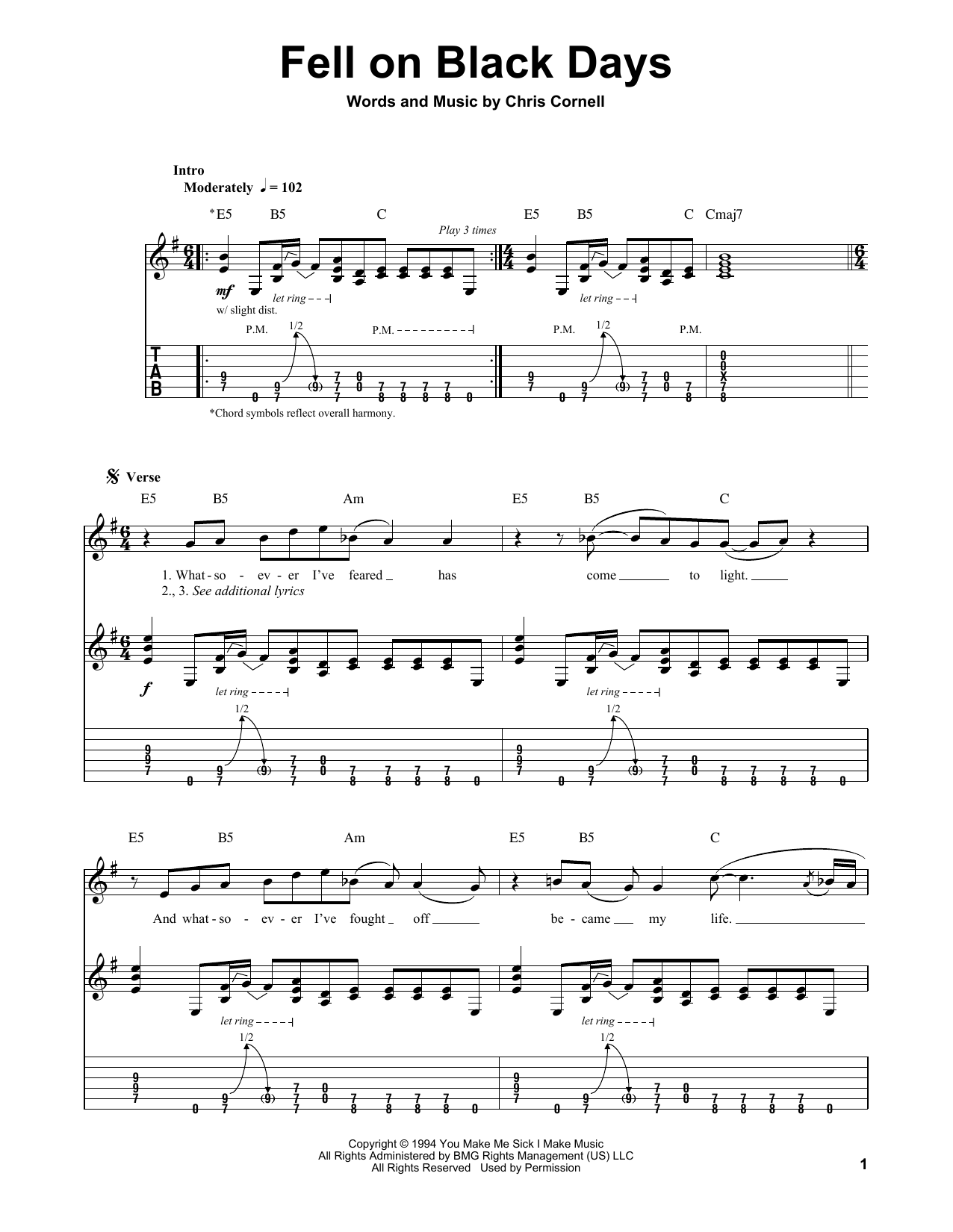 Soundgarden Fell On Black Days sheet music notes and chords. Download Printable PDF.