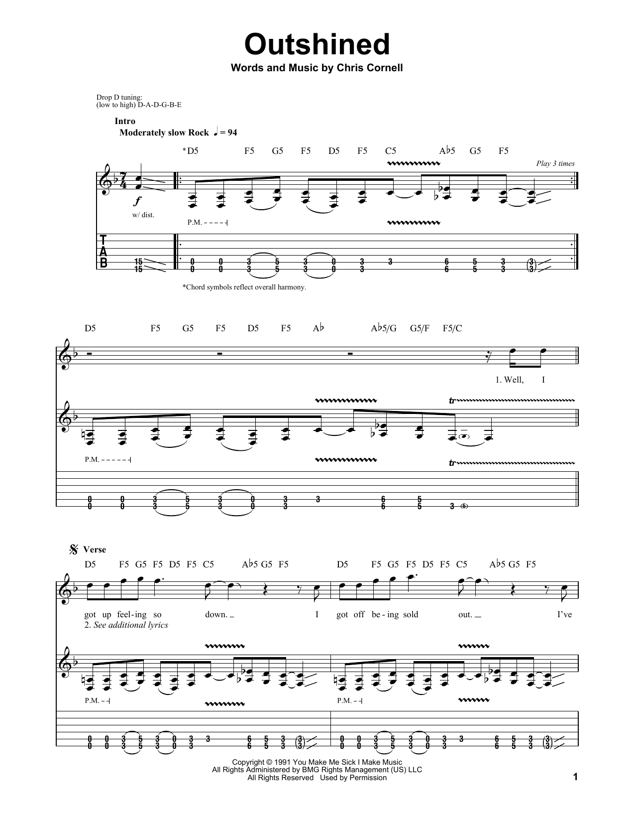 Soundgarden Outshined sheet music notes and chords. Download Printable PDF.