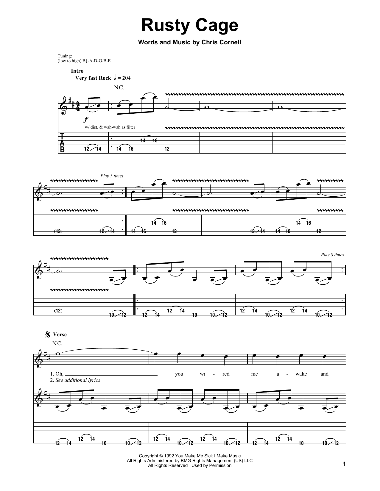 Soundgarden Rusty Cage sheet music notes and chords. Download Printable PDF.