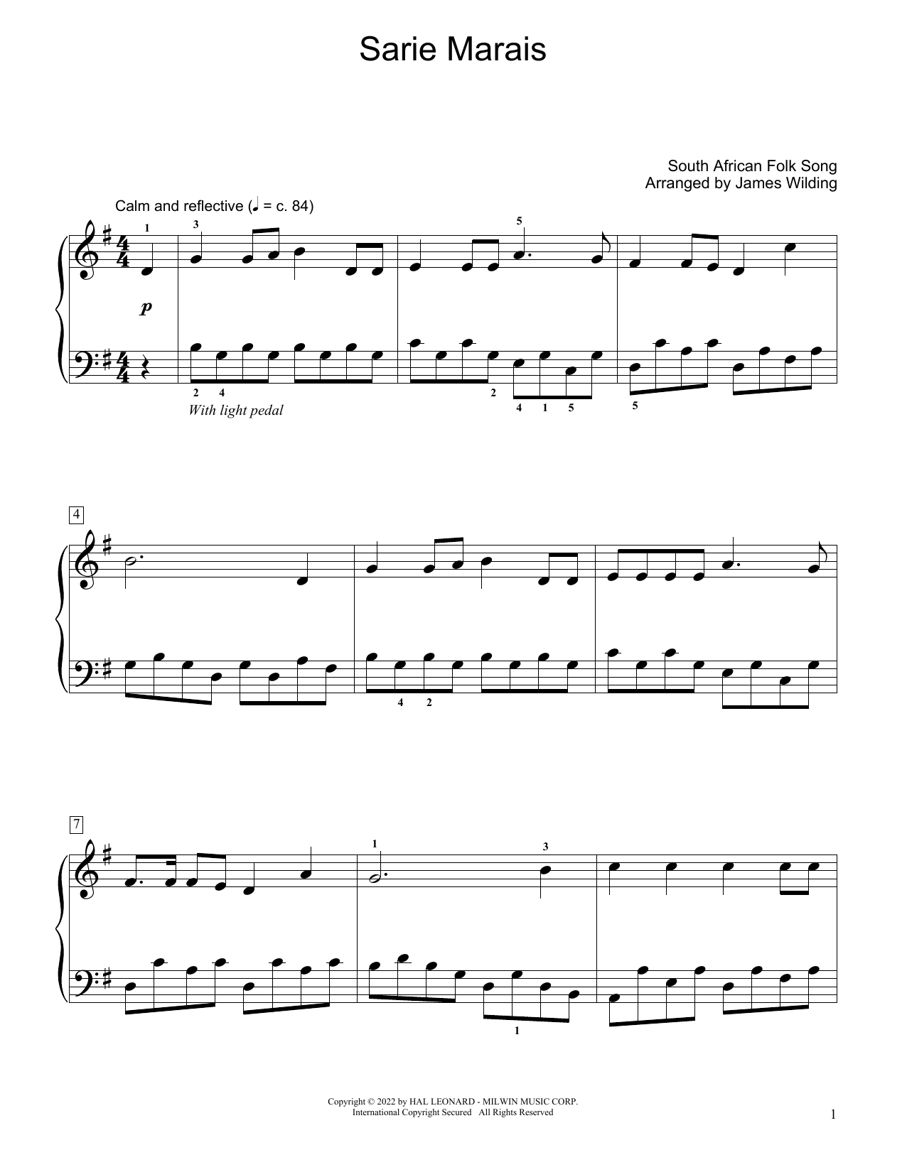 South African folk song Sarie Marais (arr. James Wilding) sheet music notes and chords. Download Printable PDF.