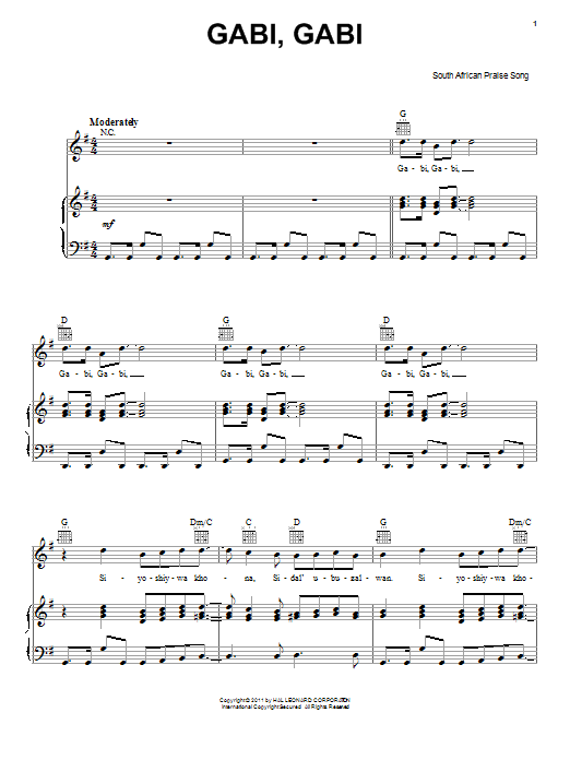 Learn to play South African Praise Song Gabi, Gabi sheet music for Piano, Vocal & Guitar Chords (Right-Hand Melody) in minutes. Price: 7.8900$ South African Praise Song Gabi, Gabi sheet music notes and chords arranged for Piano, Vocal & Guitar Chords (Right-Hand Melody)