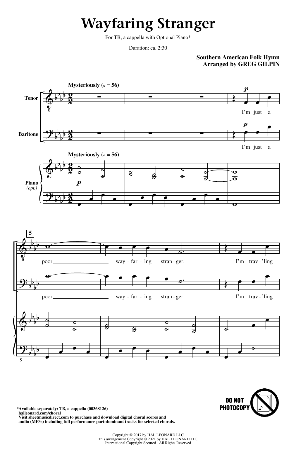 Southern American Folk Hymn Wayfaring Stranger (arr. Greg Gilpin) sheet music notes and chords. Download Printable PDF.