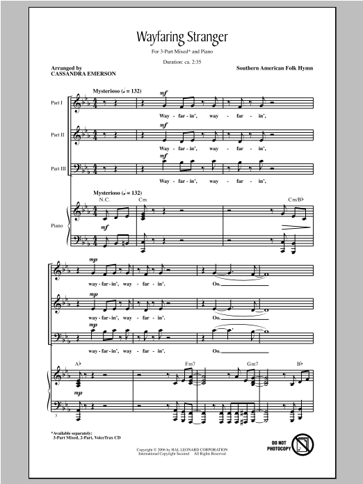 Cassandra Emerson Wayfaring Stranger sheet music notes and chords arranged for 3-Part Mixed Choir