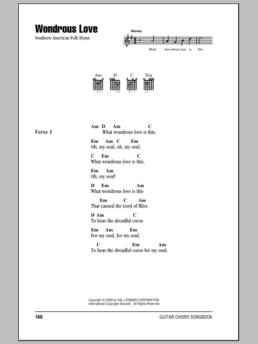 Southern American Folk Hymn Wondrous Love sheet music notes and chords. Download Printable PDF.