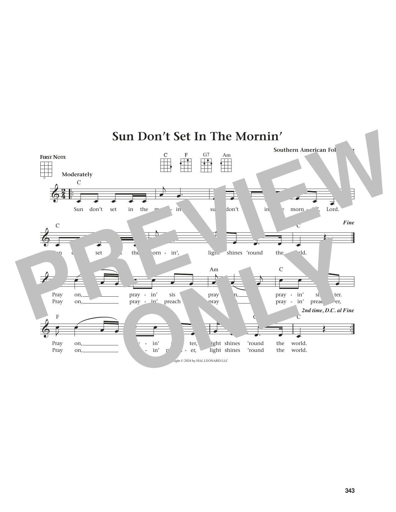 Southern American Folk Song Sun Don't Set In The Mornin' (from The Daily Ukulele) (arr. Jim Beloff) sheet music notes and chords. Download Printable PDF.