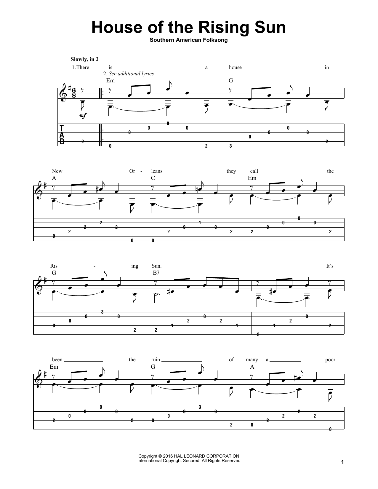 Southern American Folksong House Of The Rising Sun sheet music notes and chords. Download Printable PDF.