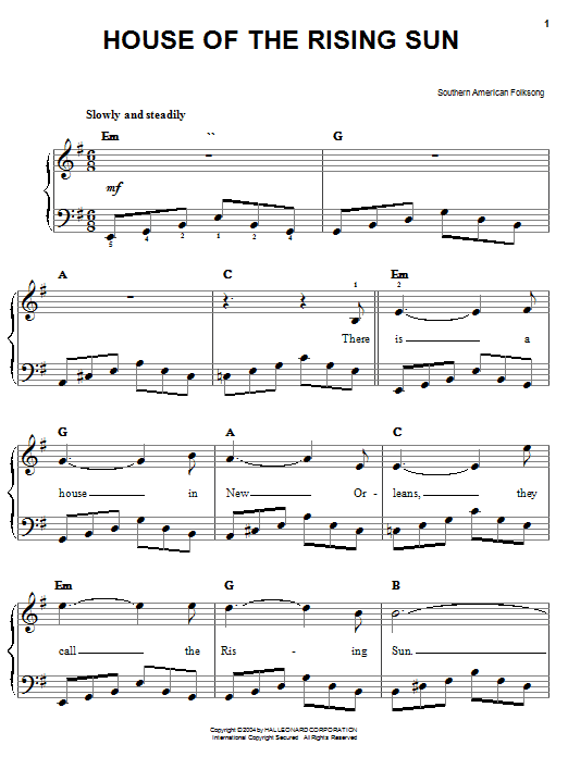 Southern American Folksong House Of The Rising Sun sheet music notes and chords. Download Printable PDF.