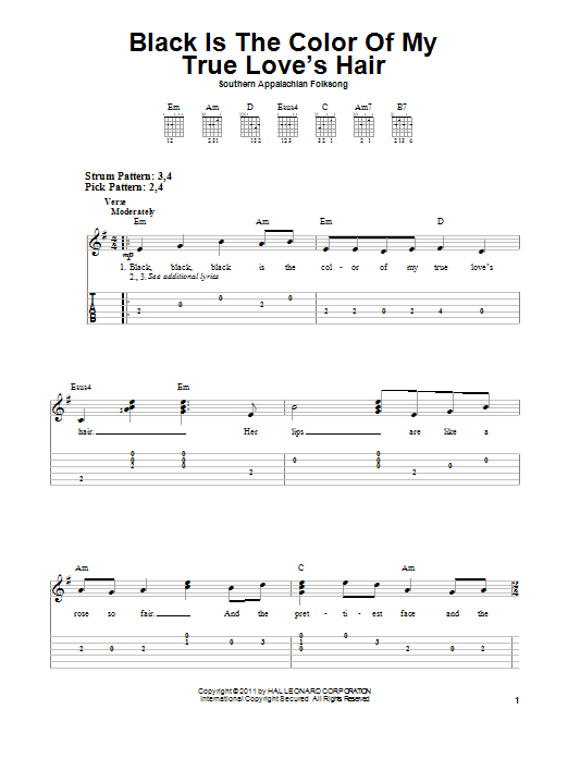 Learn to play Traditional American Folksong Black Is the Color of My True Love's Hair sheet music for Easy Guitar Tab in minutes. Price: 6.9900$ Traditional American Folksong Black Is the Color of My True Love's Hair sheet music notes and chords arranged for Easy Guitar Tab