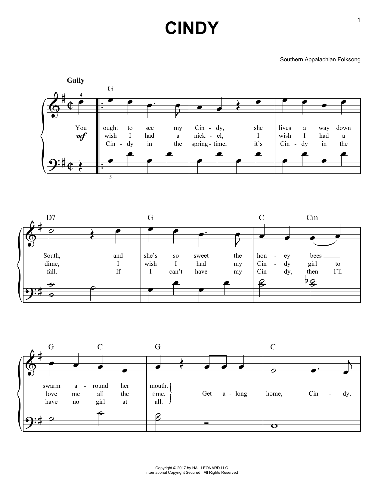 Traditional Folksong Cindy sheet music notes and chords. Download Printable PDF.