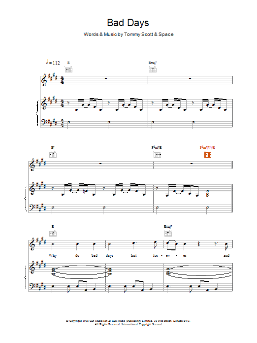Learn to play Space Bad Days sheet music for Piano, Vocal & Guitar Chords in minutes. Price: 7.8900$ Space Bad Days sheet music notes and chords arranged for Piano, Vocal & Guitar Chords