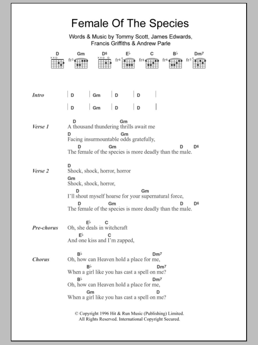 Space Female Of The Species sheet music notes and chords arranged for Piano Chords/Lyrics