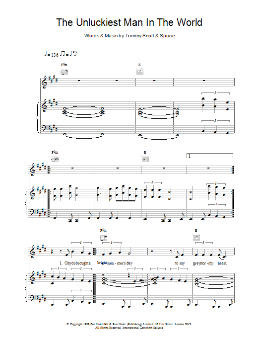 Learn to play Space The Unluckiest Man In The World sheet music for Piano, Vocal & Guitar Chords in minutes. Price: 7.8900$ Space The Unluckiest Man In The World sheet music notes and chords arranged for Piano, Vocal & Guitar Chords