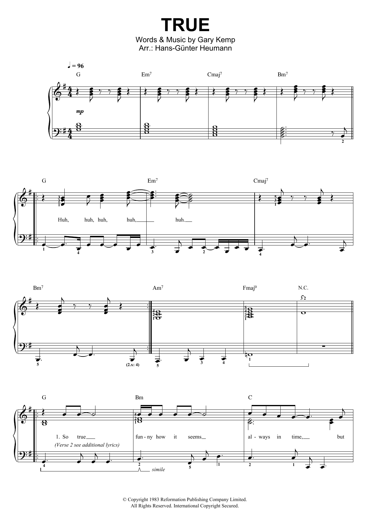 Spandau Ballet True sheet music notes and chords. Download Printable PDF.