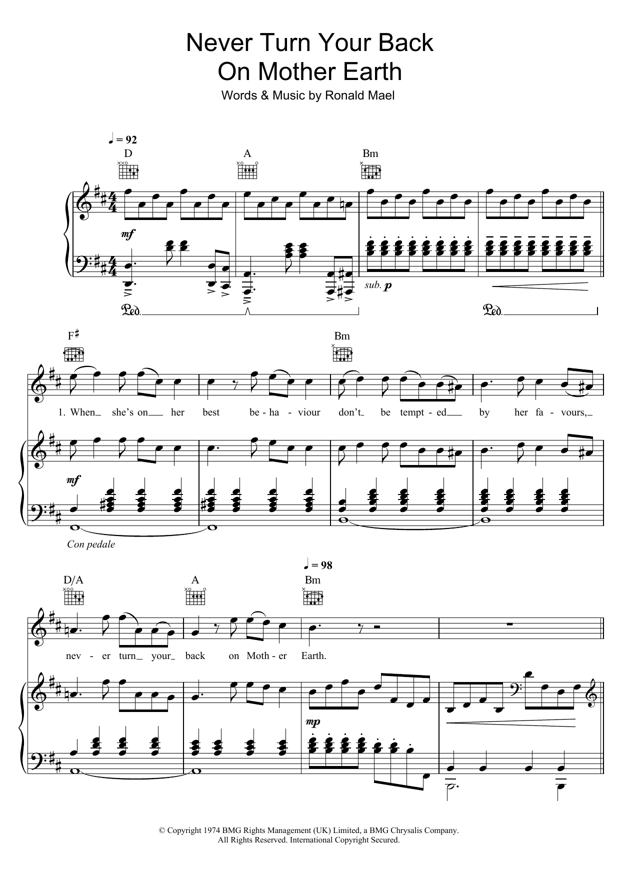 Learn to play Sparks Never Turn Your Back On Mother Earth sheet music for Piano, Vocal & Guitar Chords in minutes. Price: 7.8900$ Sparks Never Turn Your Back On Mother Earth sheet music notes and chords arranged for Piano, Vocal & Guitar Chords