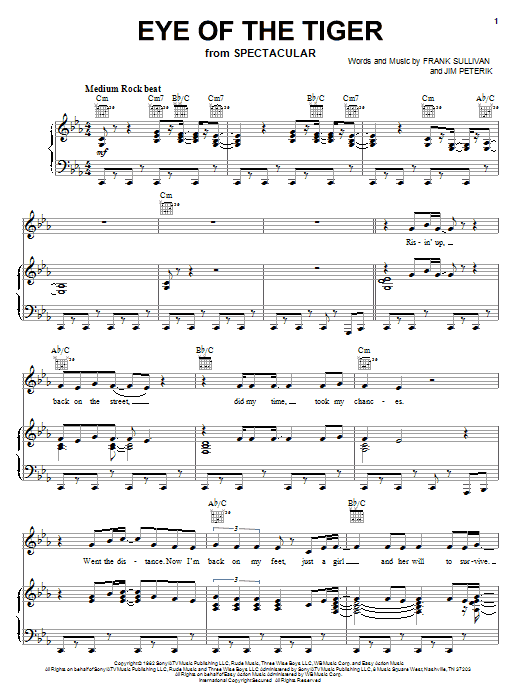 Learn to play Spectacular! (Movie) Eye Of The Tiger sheet music for Piano, Vocal & Guitar Chords (Right-Hand Melody) in minutes. Price: 7.8900$ Spectacular! (Movie) Eye Of The Tiger sheet music notes and chords arranged for Piano, Vocal & Guitar Chords (Right-Hand Melody)