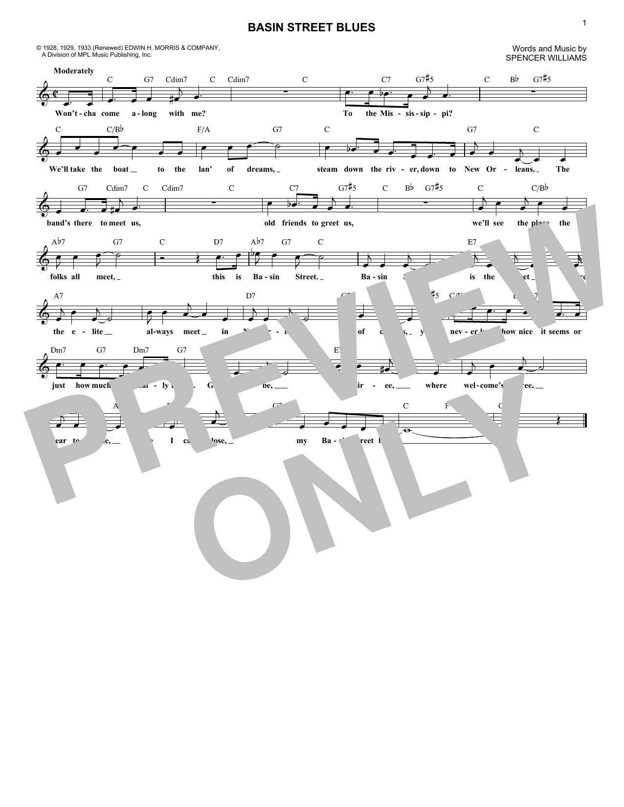 Spencer Williams Basin Street Blues sheet music notes and chords. Download Printable PDF.