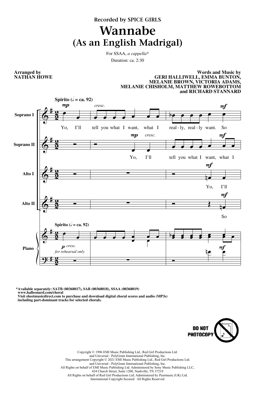 Spice Girls Wannabe (As an English Madrigal) (arr. Nathan Howe) sheet music notes and chords. Download Printable PDF.