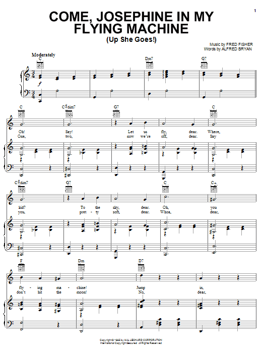 Learn to play Spike Jones Come, Josephine In My Flying Machine (Up She Goes!) sheet music for Piano, Vocal & Guitar Chords (Right-Hand Melody) in minutes. Price: 7.8900$ Spike Jones Come, Josephine In My Flying Machine (Up She Goes!) sheet music notes and chords arranged for Piano, Vocal & Guitar Chords (Right-Hand Melody)