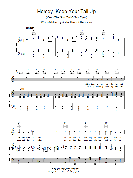 Learn to play Spike Jones Horsey Keep Your Tail Up (Keep The Sun Out Of My Eyes) sheet music for Piano, Vocal & Guitar Chords in minutes. Price: 7.8900$ Spike Jones Horsey Keep Your Tail Up (Keep The Sun Out Of My Eyes) sheet music notes and chords arranged for Piano, Vocal & Guitar Chords