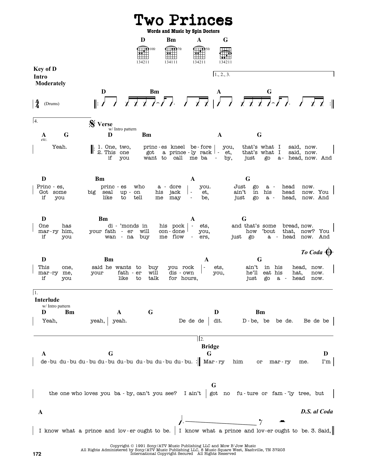 Spin Doctors Two Princes sheet music notes and chords. Download Printable PDF.