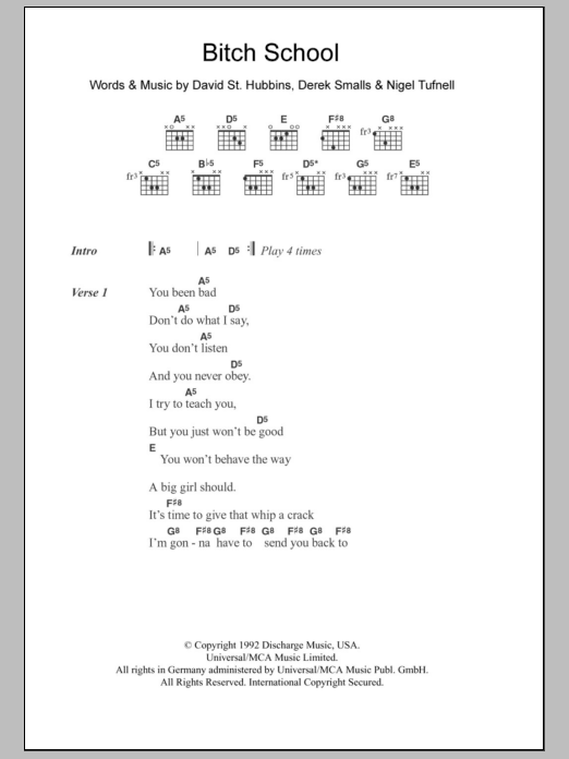 Spinal Tap Bitch School sheet music notes and chords. Download Printable PDF.