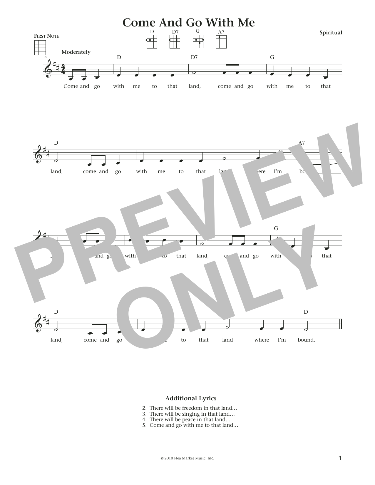 Learn to play Spiritual Come And Go With Me (from The Daily Ukulele) (arr. Liz and Jim Beloff) sheet music for Ukulele in minutes. Price: 5.9900$ Spiritual Come And Go With Me (from The Daily Ukulele) (arr. Liz and Jim Beloff) sheet music notes and chords arranged for Ukulele